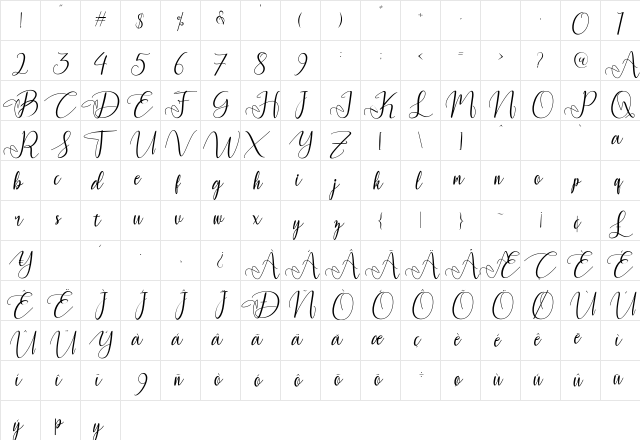 Yulinda Script Regular  glyph index