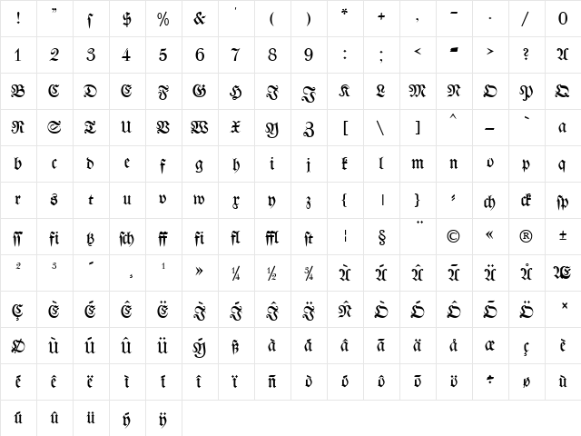 Walbot Normal  glyph index