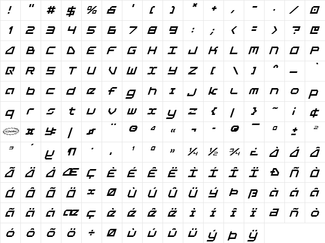 5th Agent Italic Italic  glyph index