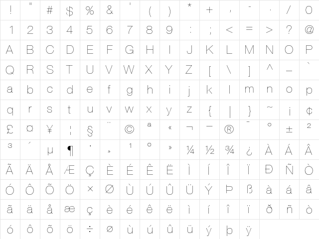 Helvetica25-UltraLight Ultra Light  glyph index