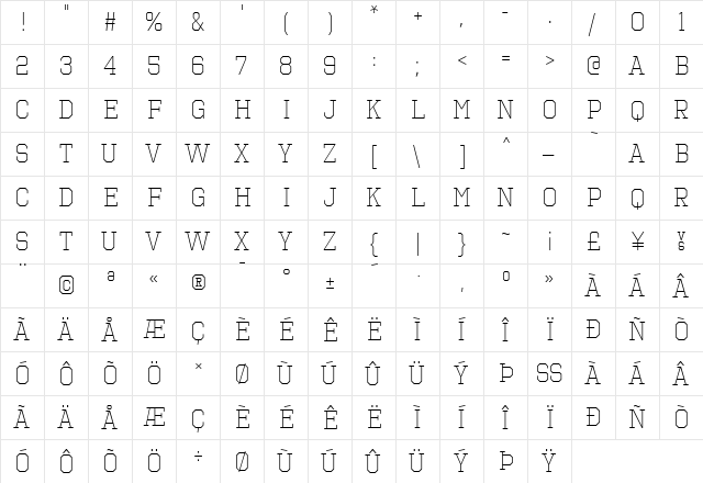 Octin Sports Light  glyph index