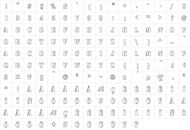 Rudy Hollow Condensed Regular  glyph index