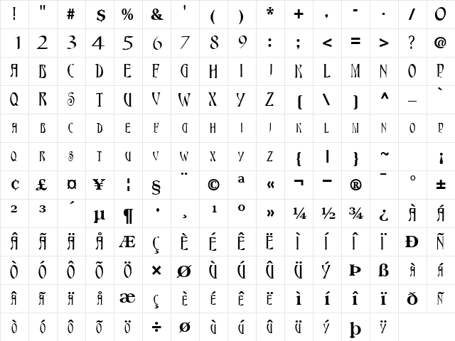 Royal Regular  glyph index