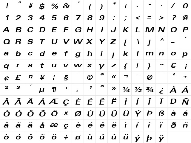 Univers LT 53 Extended Bold Italic  glyph index