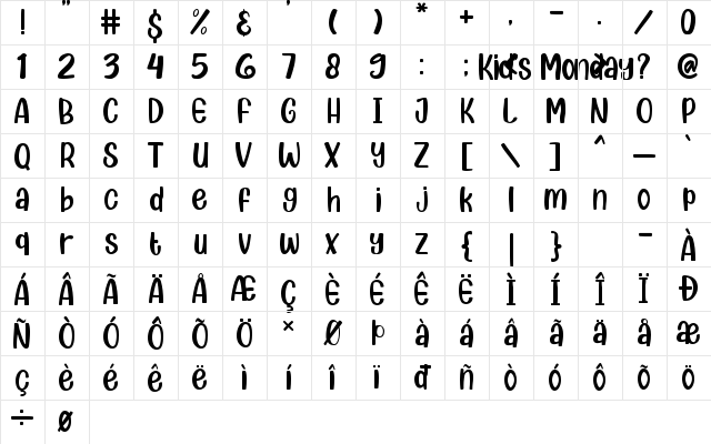Kids Monday Regular  glyph index