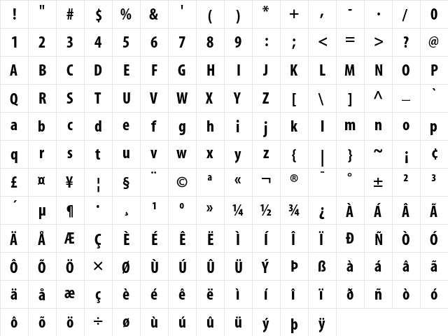 Myriad Cn Bold  glyph index