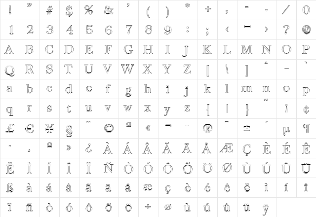 ChrisBeckerOutline-Light Regular  glyph index