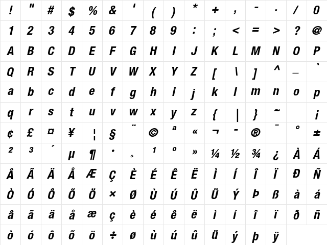 Helvetica Neue LT Std 77 Bold Condensed Oblique  glyph index
