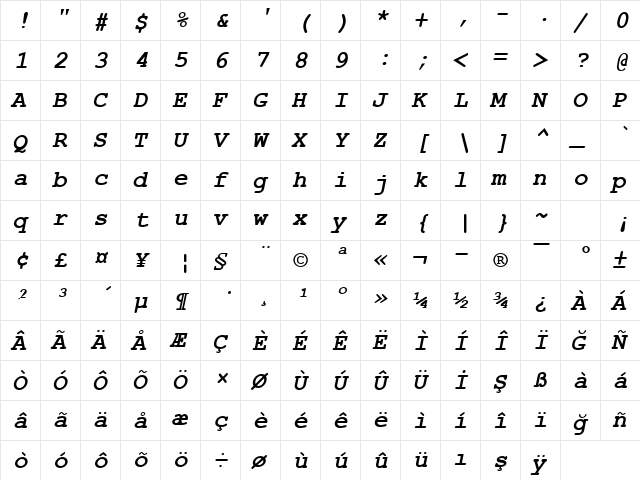 Courier New Digiscream Bold Italic  glyph index