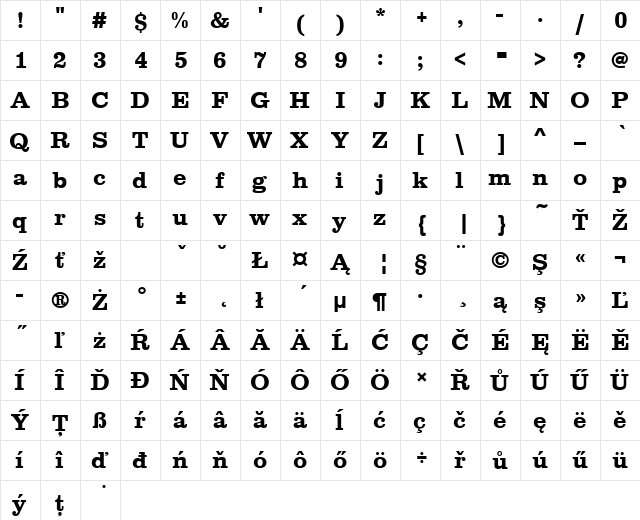 ClarendonTEEBol Regular  glyph index