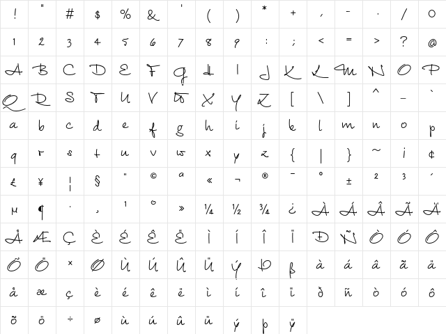 Euroscript Pro Regular  glyph index