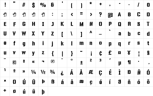 Panfleta Stencil ExtBd Regular  glyph index