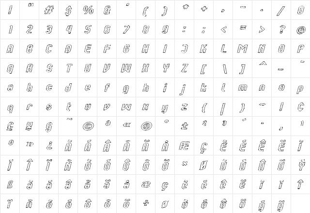 Kumba Scrawl Outline Expanded Italic  glyph index