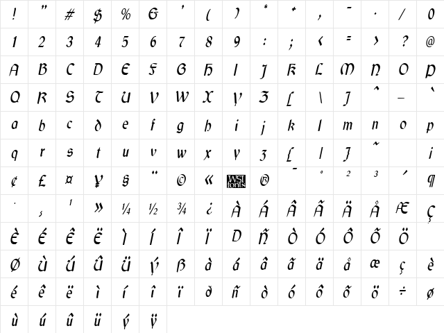 GaelicCondensed Italic  glyph index