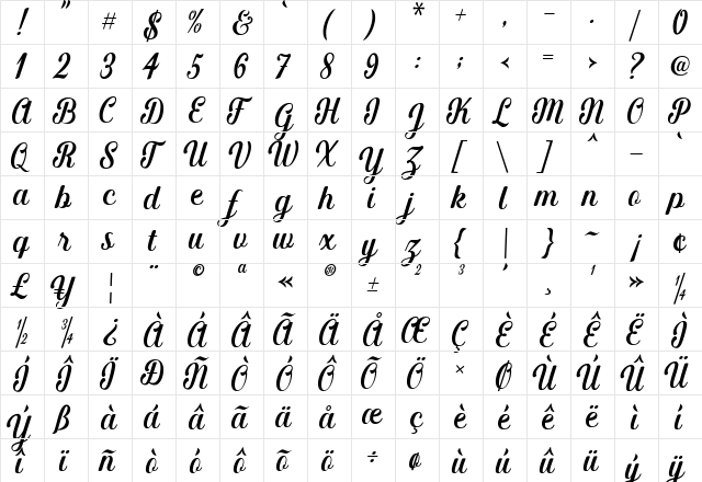 Merciana Script Regular  glyph index