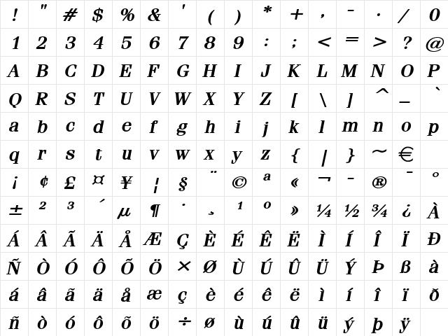 FelineWide BoldItalic  glyph index