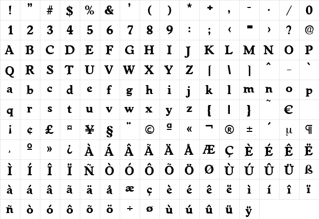 Worchester-Bold Regular  glyph index