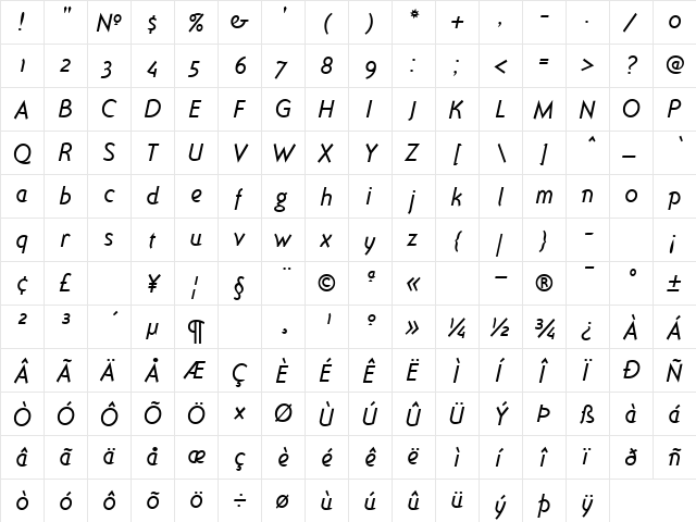 Ottomat Italic  glyph index