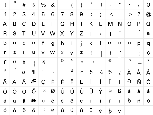 Utah Regular  glyph index