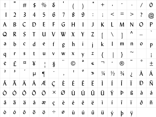 Lydian MT Std Regular  glyph index