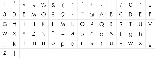 Almaz_Demo Regular  glyph index