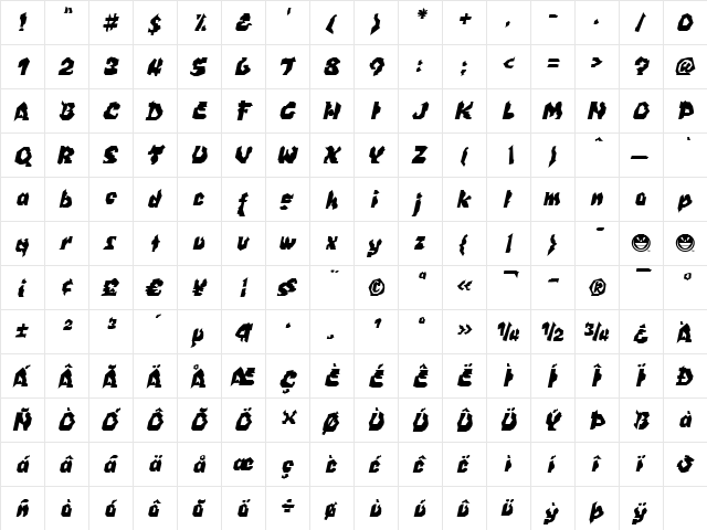 WILD1 Nobody Italic  glyph index