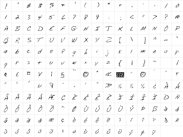 DereksHand Regular  glyph index
