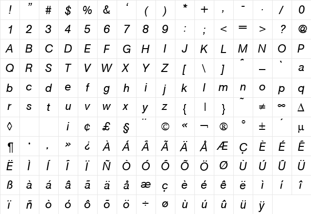 Atkins RegularItalic  glyph index