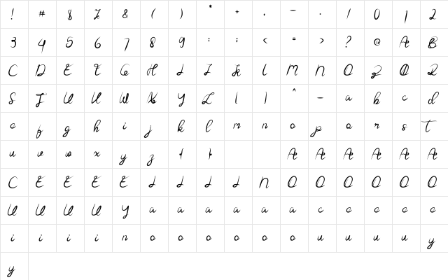 Bella Regular  glyph index