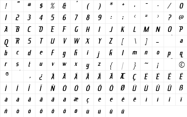 King Richard Italic  glyph index