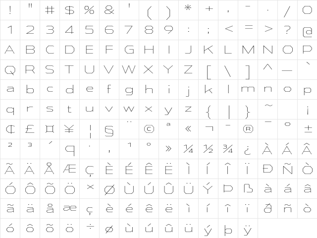 Athabasca Expanded ExtraLight  glyph index