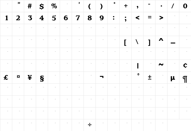 ClaremontBoldTab Roman  glyph index