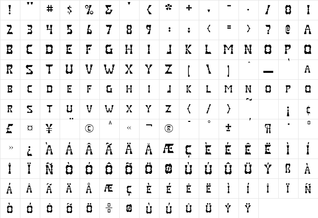 Valenteena Regular  glyph index