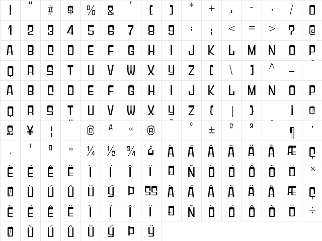 Gyparody Regular  glyph index