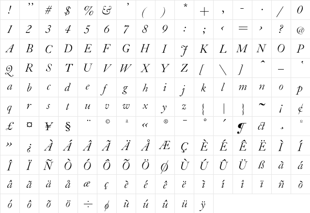 CaslonL-Italic Regular  glyph index