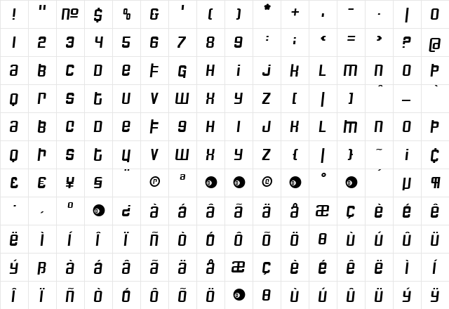 DreamboatTilt Medium  glyph index