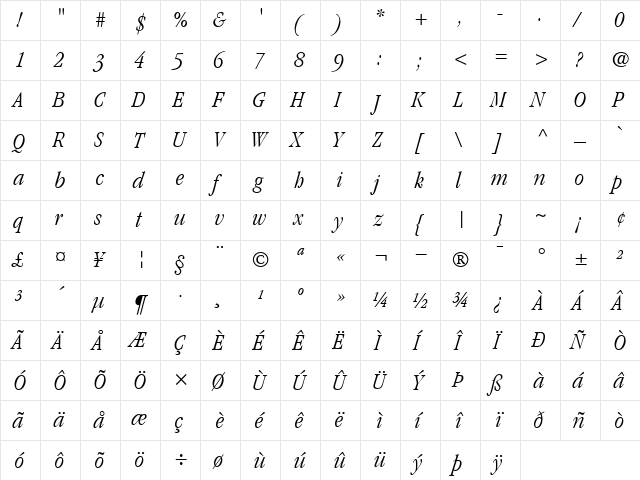 ITCGaramond-CondensedLight LightItalic  glyph index