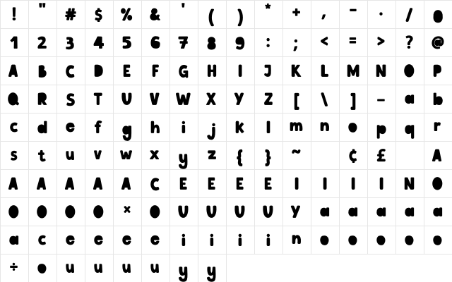 Kinderzone Regular  glyph index