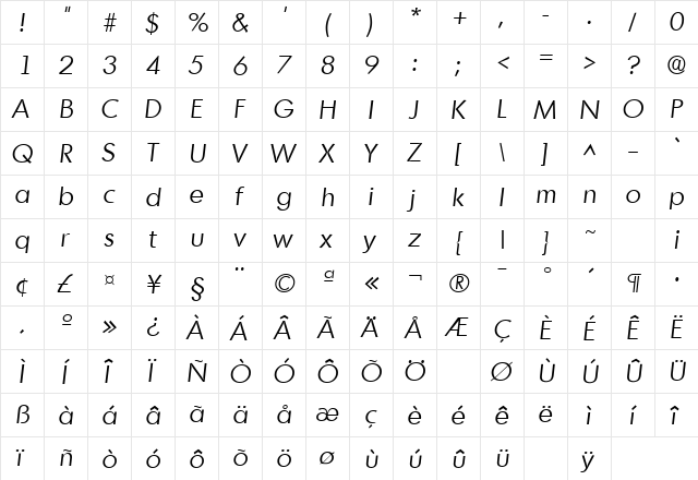 MontrealLH Italic  glyph index