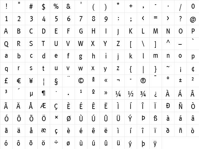 MetaCondBookLF Roman  glyph index