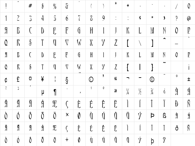 NouveauCondensed Normal  glyph index