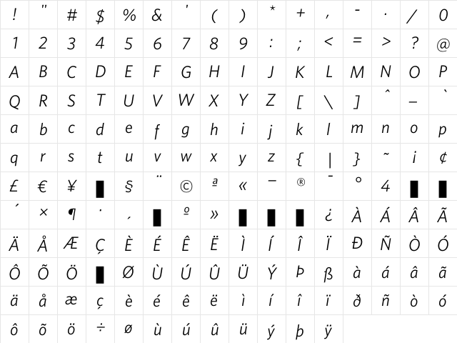 Whitney BookItalic  glyph index