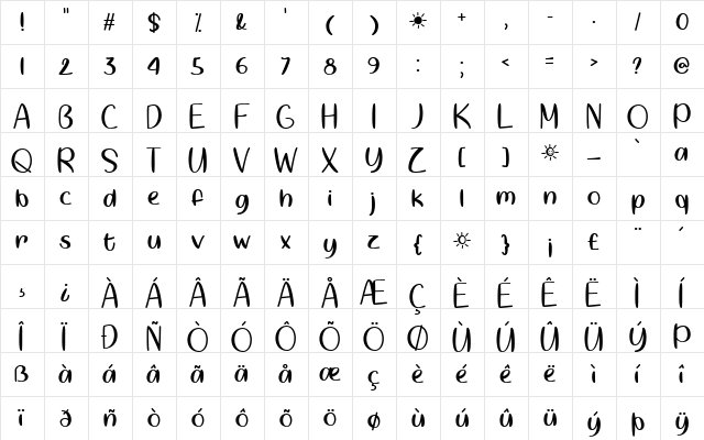 Springtime Sunshine Regular  glyph index