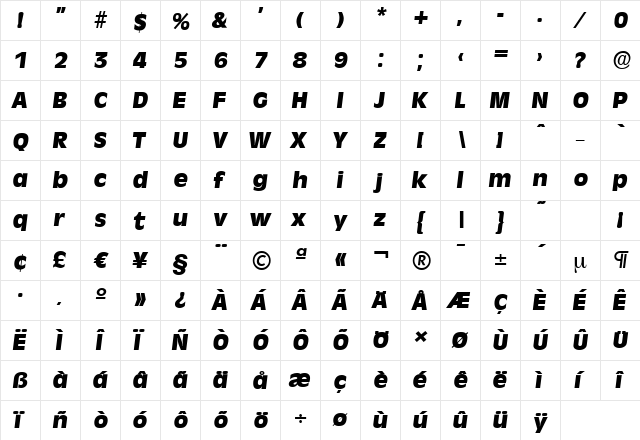 RavennaSerial-Heavy Italic  glyph index