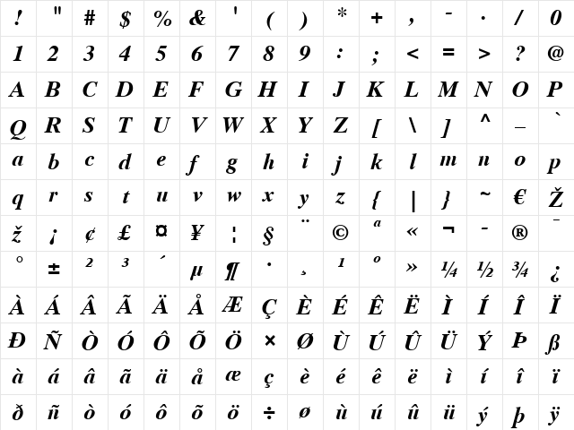 Times Ten CE Roman Bold Italic  glyph index