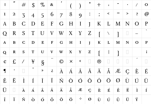 Charlotte Small Caps LET Regular  glyph index