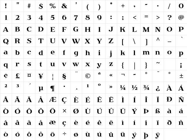 Jimbo Std Regular  glyph index