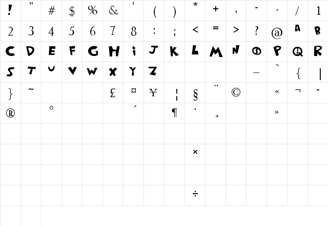 yin yang sans Regular  glyph index