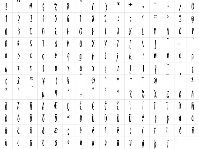 zai Brushy Freshy Regular  glyph index