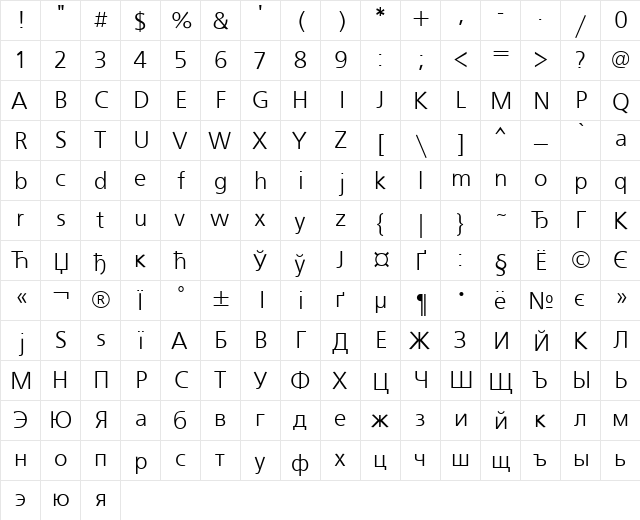 UkrainianFreeSet Normal  glyph index